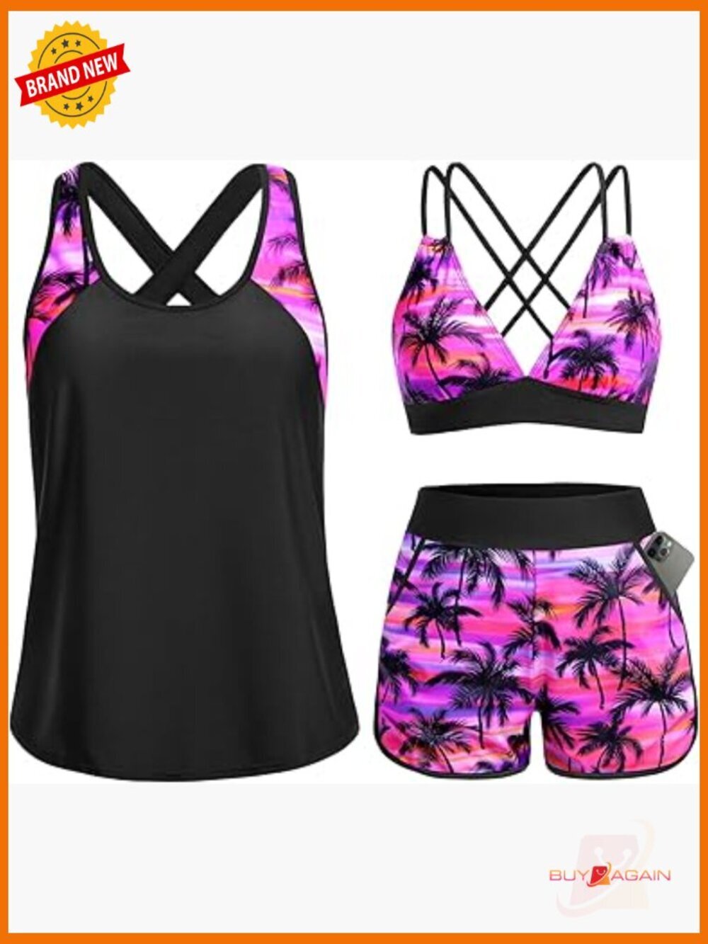 Women's 3 Piece Tankini Swimsuit Set Tummy Control Boyshorts Pockets